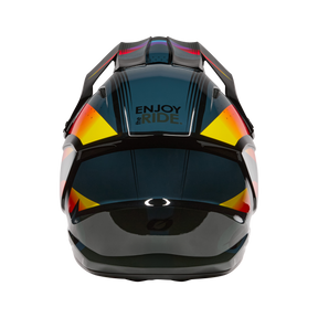 Le casque O'NEAL 1SRS Youth Helmet RC de O'NEAL a un design géométrique coloré avec des accents rouges, jaunes et orange sur une base foncée. Vu de l'arrière, on peut lire en haut "ENJOY THE RIDE".