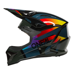 Le casque O'NEAL 1SRS Youth Helmet RC est un casque de motocross fullface noir avec un design géométrique coloré en rouge, jaune, bleu et orange et l'inscription "O'NEAL" sur le côté.