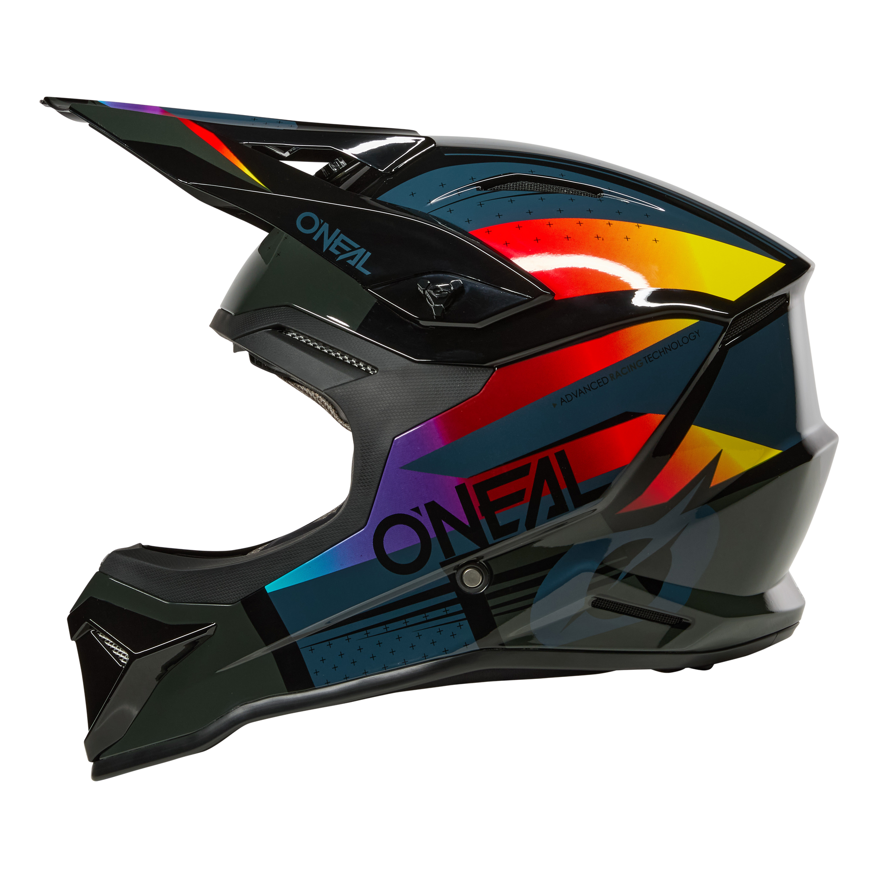 Der O'NEAL 1SRS Helmet RC ist ein Fullface-Motocross-Helm mit Visier, der sich durch eine schlichte schwarze Basis und leuchtend rote, gelbe, blaue und orangefarbene geometrische Muster auszeichnet. Der Markenname O'NEAL ist an der Seite angebracht.