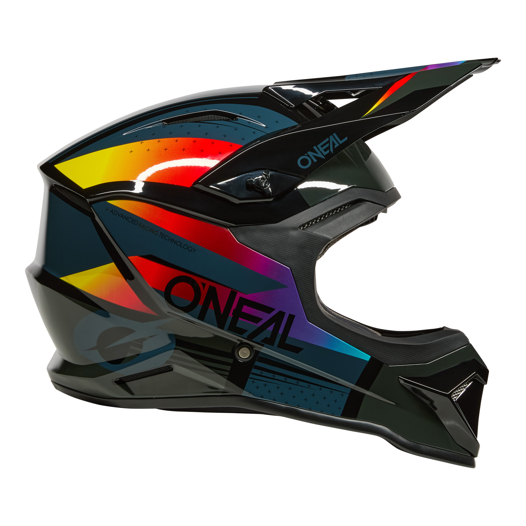 Der O'NEAL 1SRS Helmet RC ist ein Fullface-Motocross-Helm mit schwarzer Basis, leuchtenden geometrischen Regenbogenmustern, der Marke O'NEAL an der Seite und einem stabilen Visier.