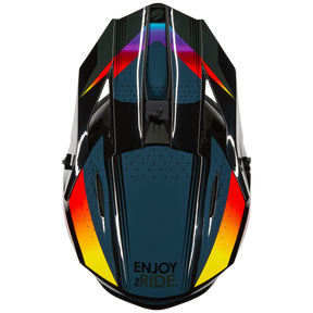 Le casque O'NEAL 1SRS Youth Helmet RC de O'NEAL au design noir avec des accents géométriques rouges, jaunes et orange et l'inscription "ENJOY THE RIDE" sur le devant.