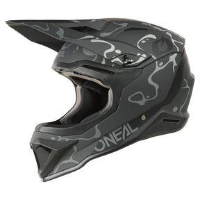 L'O'NEAL 1SRS Helmet SPLASH è un casco da motocross nero e grigio opaco con motivi astratti, un'ampia visiera, il marchio O'NEAL sul lato e diverse aperture di ventilazione.