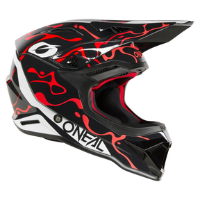 L'O'NEAL 1SRS Helmet SPLASH è un casco da motocross nero con motivi astratti rossi e bianchi, una visiera, la scritta "O'NEAL" sul lato e un'imbottitura interna nera con accenti rossi.