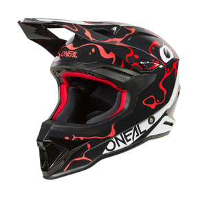 Il casco O'NEAL 1SRS SPLASH in nero/rosso presenta motivi grafici accattivanti, un'ampia visiera, un'imbottitura interna rossa e nera e il marchio "O'NEAL" sulla mentoniera e sul lato.