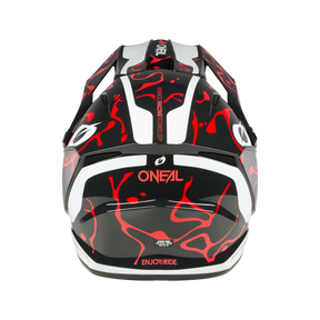 Il casco O'NEAL 1SRS SPLASH presenta un disegno astratto nero, bianco e rosso con il logo O'NEAL e la scritta "ENJOY.RIDE." sul retro, mostrata da dietro su uno sfondo nero.