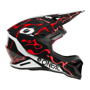 L'O'NEAL 1SRS Helmet SPLASH è un casco da motocross integrale nero con grafica a fiamma rossa, accenti bianchi, ampia visiera e logo O'NEAL laterale.