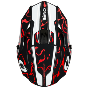 L'O'NEAL 1SRS Helmet SPLASH è un casco da motocross nero che presenta un'accattivante grafica rossa e bianca con il logo "O'NEAL" sulla parte superiore e "ADVANCED RACING TECHNOLOGY" sulla striscia centrale anteriore.