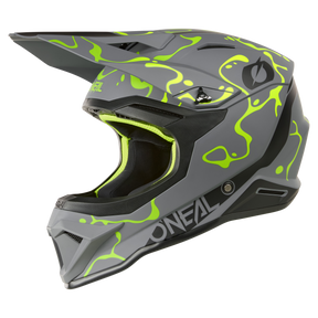 L'O'NEAL 1SRS Helmet SPLASH è un casco da motocross grigio con un'ampia visiera, schizzi di colore verde brillante, fodera in rete nera e un accattivante logo O'NEAL sul lato.