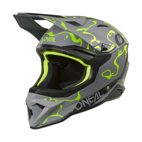 Il casco O'NEAL 1SRS SPLASH, visto dal lato destro su sfondo nero, ha un'ampia visiera e schizzi grigio/giallo neon.