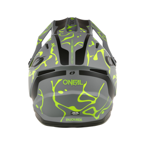 Il casco O'NEAL 1SRS SPLASH è un casco da bici grigio e nero con motivi astratti di schizzi verdi e gialli e le parole "O'NEAL" e "ENJOY RIDE." stampate sul retro.