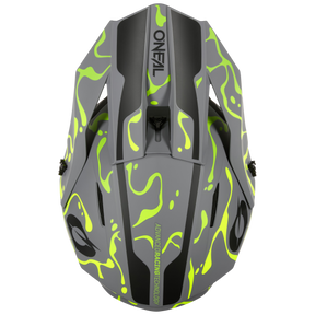Vista dall'alto del casco O'NEAL 1SRS SPLASH di colore grigio con motivi giallo-verde neon simili a fiamme e accenti neri. Il logo O'NEAL e la scritta "ADVANCED RACING TECHNOLOGY" sono visibili.