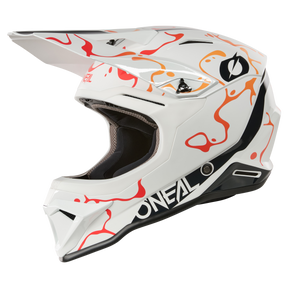 L'O'NEAL 1SRS Helmet SPLASH è un casco da motocross bianco con una grafica astratta arancione e rossa, un logo O'NEAL nero sul lato, una visiera distintiva, un'imbottitura interna visibile e un design aerodinamico moderno.