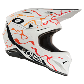 Il casco O'NEAL 1SRS SPLASH ha una calotta bianca con motivi astratti rossi e arancioni, un logo O'NEAL nero sul lato e un rivestimento interno nero, che viene mostrato nel profilo laterale su uno sfondo a tinta unita.