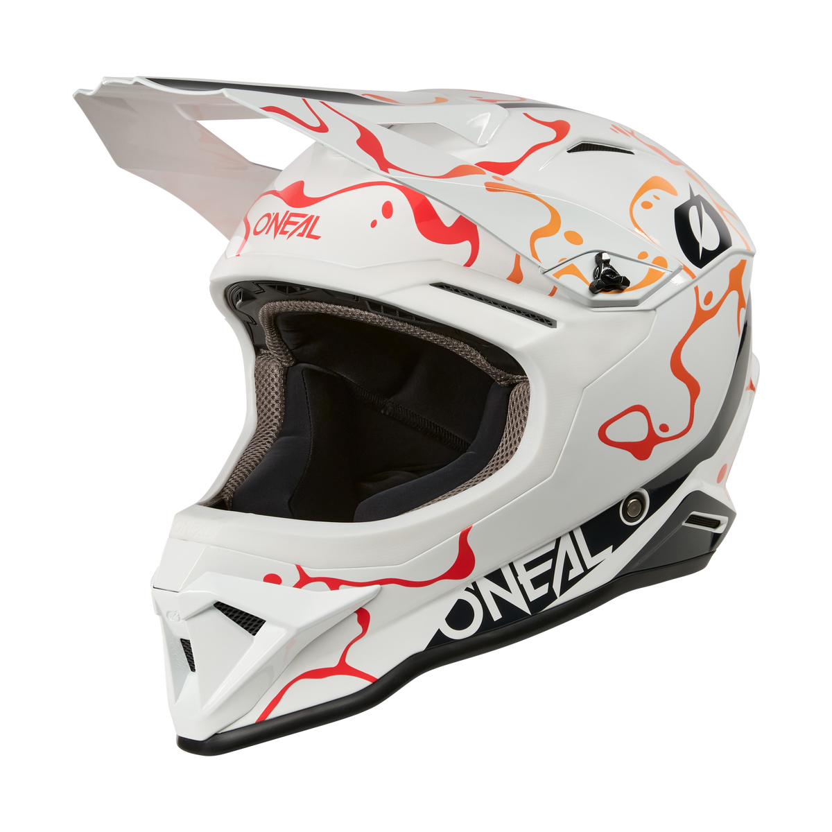 Il casco O'NEAL 1SRS SPLASH in bianco/arancio è caratterizzato da motivi astratti, un'ampia visiera e un'imbottitura interna nera. Viene presentato in un profilo laterale su sfondo nero.