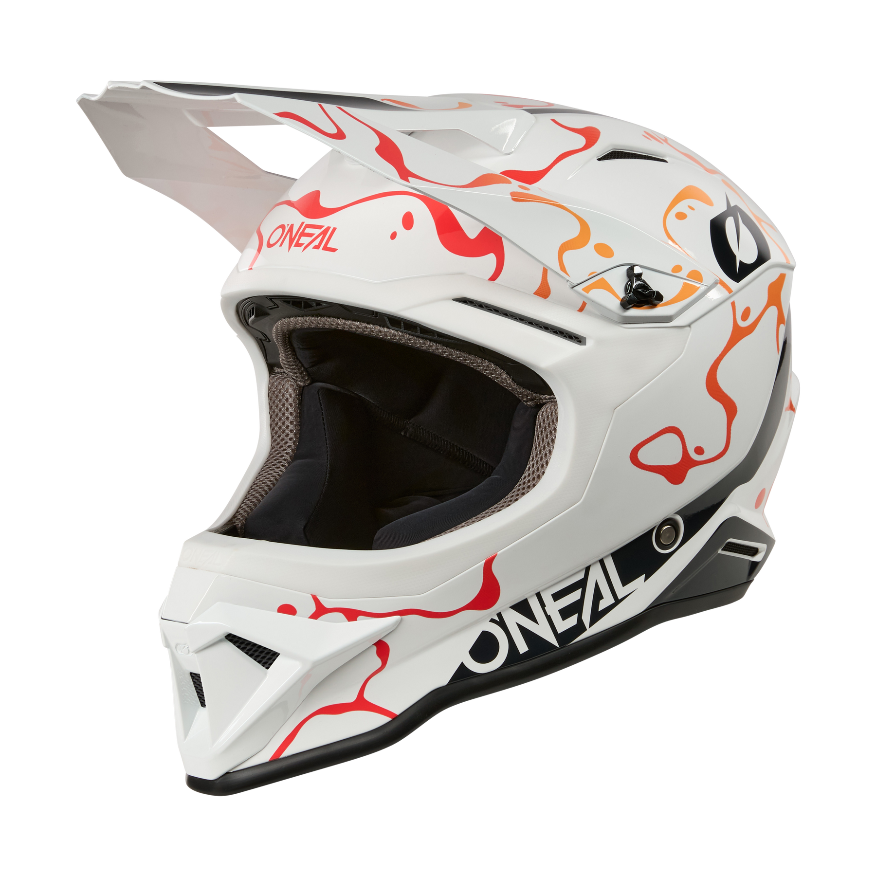 Der O'NEAL 1SRS Helm SPLASH in Weiß/Orange zeichnet sich durch abstrakte Muster, ein großes Visier und eine schwarze Innenpolsterung aus. Er wird im Seitenprofil vor einem schwarzen Hintergrund präsentiert.