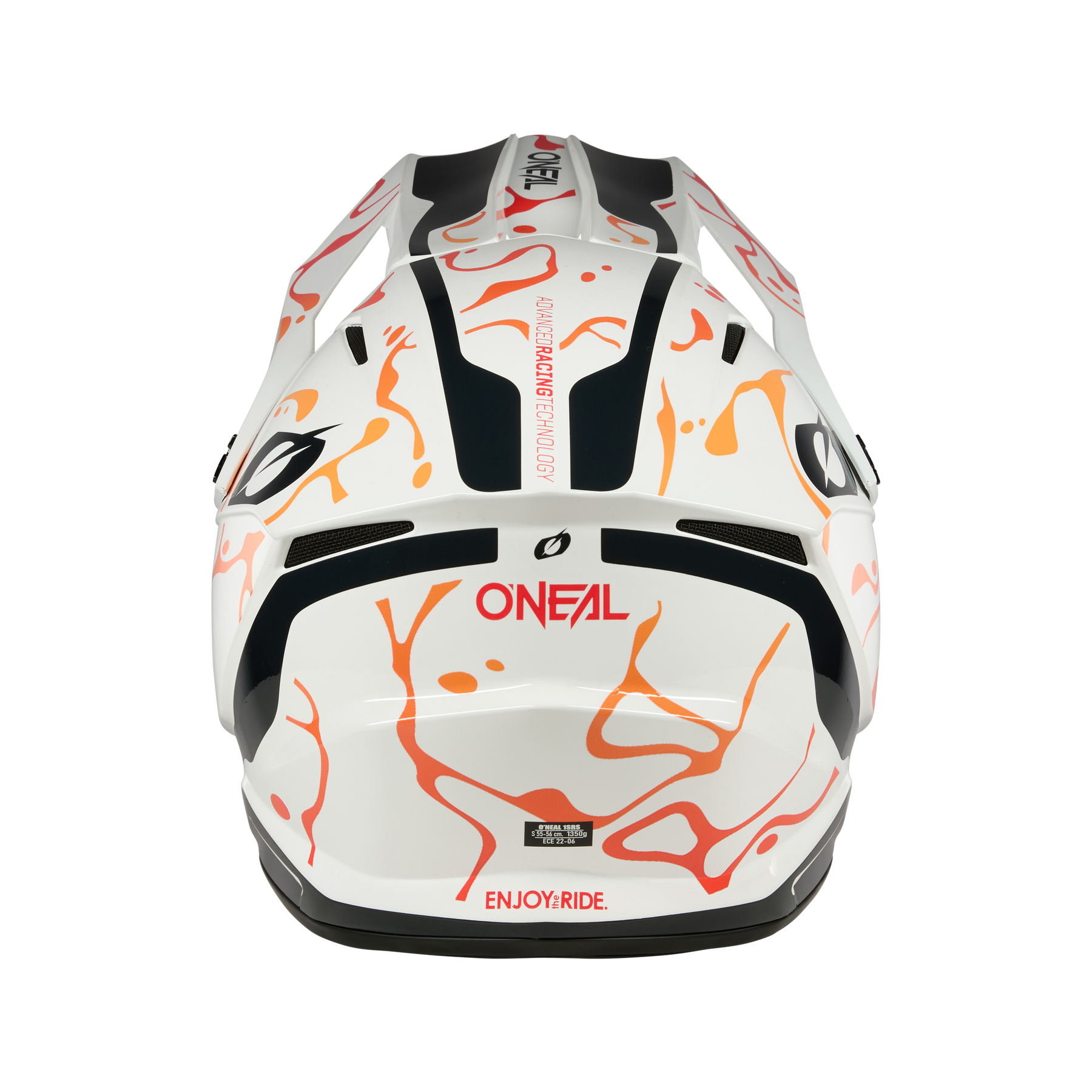 Ein O'NEAL 1SRS Helm SPLASH in Weiß mit abstrakten orangefarbenen und rosafarbenen Wirbeln, schwarzen Streifen und "ENJOY.RIDE." sowie "ONEAL" auf der Rückseite, dargestellt von oben vor einem schwarzen Hintergrund.