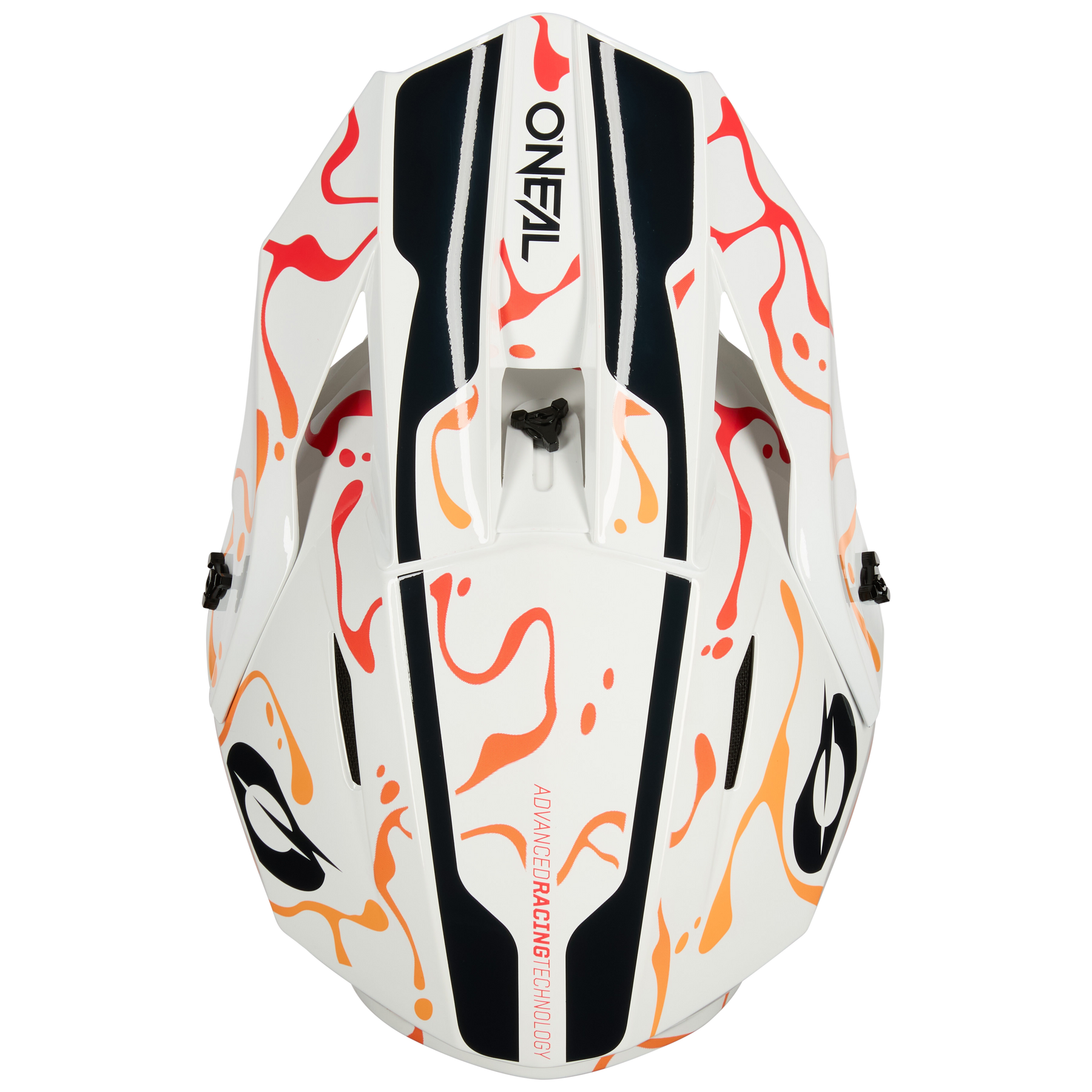 Draufsicht auf den O'NEAL 1SRS Helmet SPLASH, einen weißen Motocross-Helm mit schwarzen Streifen, orange-roten Flammenmustern, dem O'NEAL-Logo und "ADVANCED RACING TECHNOLOGY" auf der Krone.