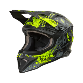 El casco O'NEAL 1SRS VIBRANT en negro/amarillo neón presenta gráficos geométricos, una visera y el logotipo O'NEAL en varios lugares, perfecto para un uso todoterreno.