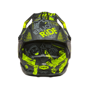 El Casco O'NEAL 1SRS VIBRANT es un casco de motocross negro con llamativos gráficos en amarillo neón, dibujos animados, logotipos de marcas, eslóganes como "ENJOY THE RIDE" y motivos abstractos para un aspecto vivo e inusual.