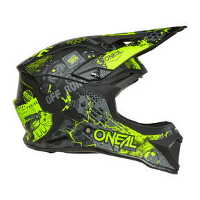 El Casco O'NEAL 1SRS VIBRANT es un casco integral de motocross negro y amarillo neón con llamativos gráficos como el logotipo de O'Neal, las marchas, las piezas del motor y las letras "OFF-ROAD", así como una visera protectora y un diseño elegante.