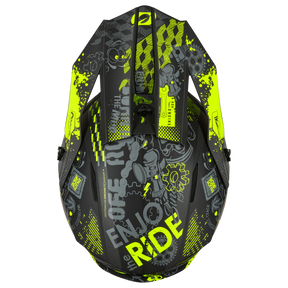 El casco O'NEAL 1SRS VIBRANT de O'NEAL presenta una vista superior en negro y amarillo neón con llamativos gráficos, engranajes en forma de dibujos animados, la inscripción "ENJOY THE RIDE" y diversos dibujos en la superficie.