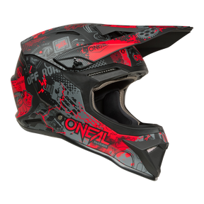 El Casco O'NEAL 1SRS VIBRANT es un casco de motocross todoterreno negro y rojo con visera angular, llamativos motivos gráficos y el logotipo O'NEAL en el lateral.