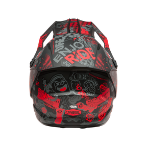 El Casco O'NEAL 1SRS VIBRANT de O'NEAL es un casco de motocross de vista superior negro adornado con vibrantes gráficos de graffiti rojos y grises, que incluyen texto, caras de dibujos animados y diseños abstractos.