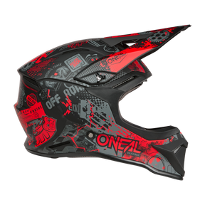 El Casco O'NEAL 1SRS VIBRANT es un casco integral de motocross negro y rojo con gráficos futuristas y el logotipo "O'NEAL" en el lateral.