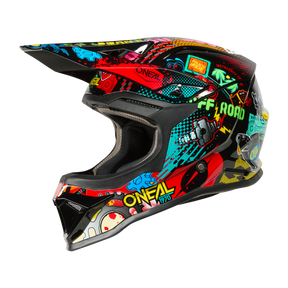 Le casque O'NEAL 1SRS Youth Helmet VIBRANT est un casque de motocross coloré avec visière qui présente des graphismes de graffiti, des motifs voyants et des logos "O'NEAL" sur fond noir.