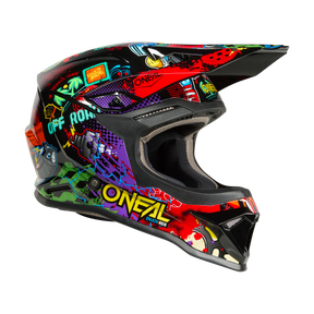 Le casque O'NEAL 1SRS Youth Helmet VIBRANT se caractérise par un graphisme accrocheur de style graffiti avec "O'NEAL" et "OFF ROAD", une grande visière et des motifs lumineux sur fond noir.