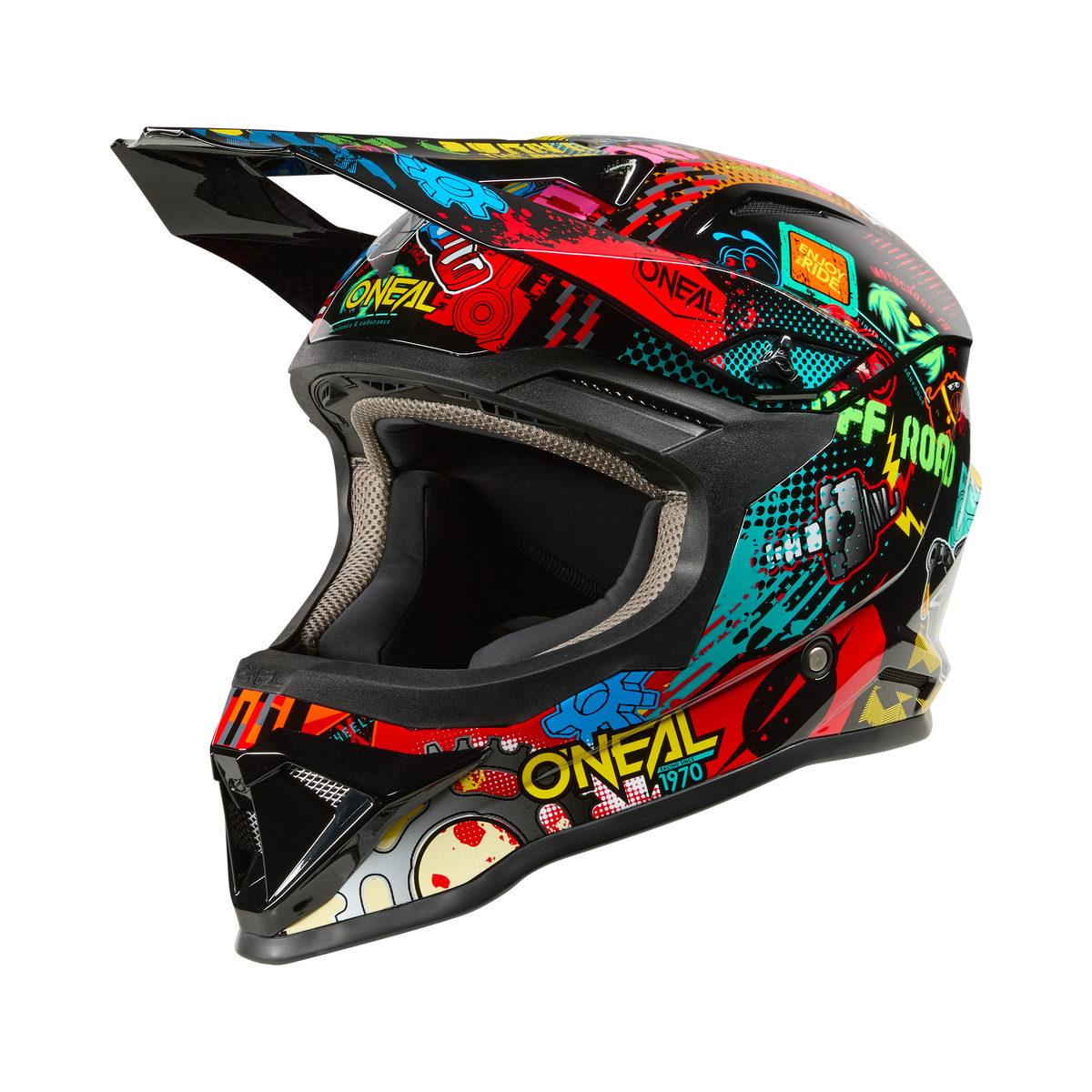 The O'NEAL 1SRS Youth Helmet VIBRANT by O'NEAL features multi-colored graffiti-style graphics and is shown from the side against a black background.