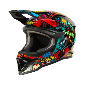 Le casque O'NEAL 1SRS Youth Helmet VIBRANT de O'NEAL dispose de graphiques multicolores de style graffiti et est représenté de côté sur un fond noir.
