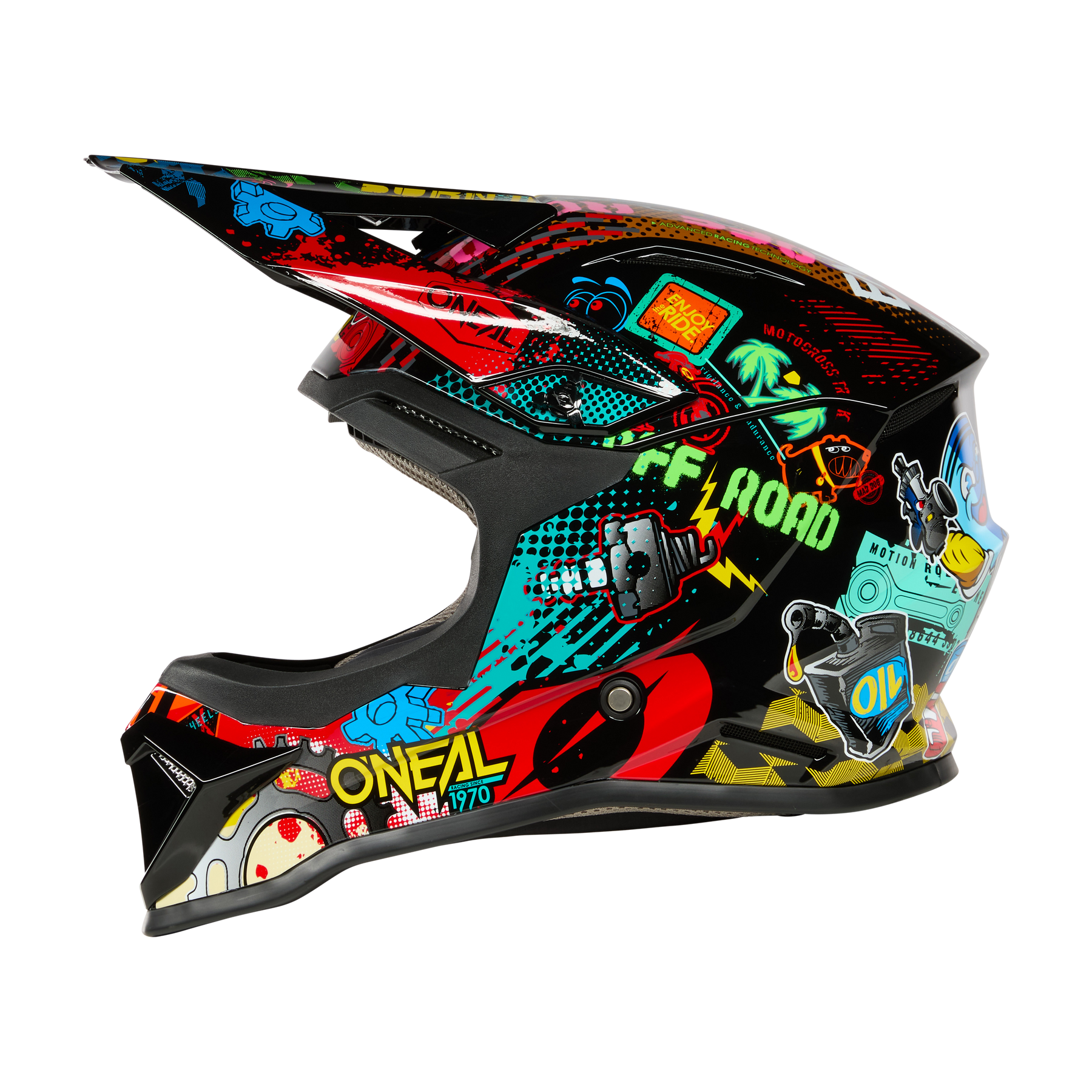 Der O'NEAL 1SRS Youth Helmet VIBRANT bietet auffällige, farbenfrohe Grafiken im Cartoon-Stil mit Text, geometrischen Formen und Symbolen auf schwarzem Hintergrund für einen markanten Motocross-Look.