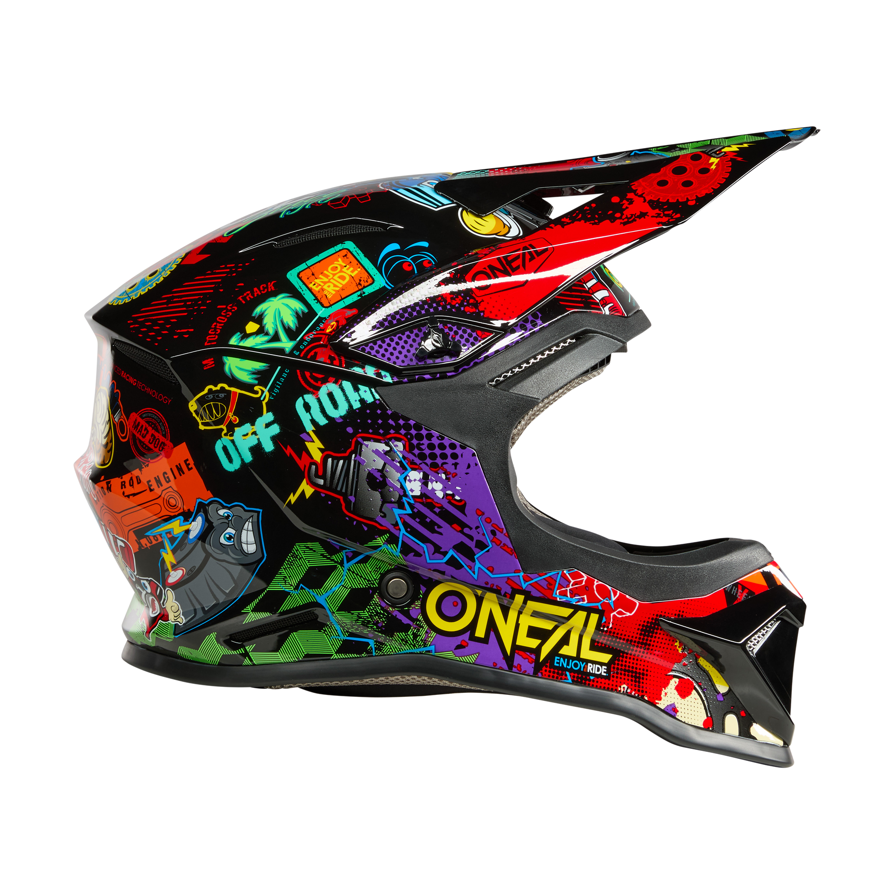 Der O'NEAL 1SRS Youth Helmet VIBRANT ist ein farbenfroher Off-Road-Helm mit Visier, auffälligen Grafiken, Graffiti-Schriftzügen und Cartoon-Illustrationen. Der Schriftzug "O'NEAL" ist prominent an der Seite angebracht.