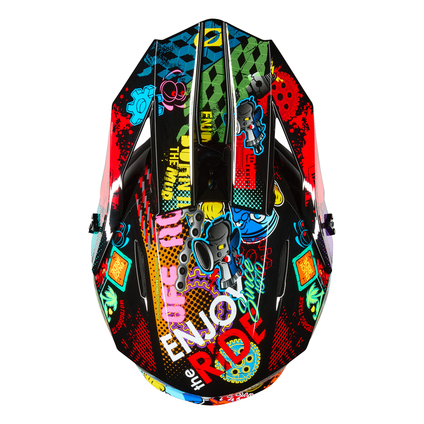 Der O'NEAL 1SRS Youth Helmet VIBRANT von O'NEAL besticht durch mutige Graffiti-Kunst, verspielte Cartoon-Figuren, geometrische Muster und den Text "ENJOY THE RIDE" auf glänzend schwarzem Hintergrund für einen farbenfrohen Look.