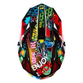 Le casque O'NEAL 1SRS Youth Helmet VIBRANT de O'NEAL se distingue par ses graffitis audacieux, ses personnages de dessins animés ludiques, ses motifs géométriques et le texte "ENJOY THE RIDE" sur un fond noir brillant pour un look haut en couleur.