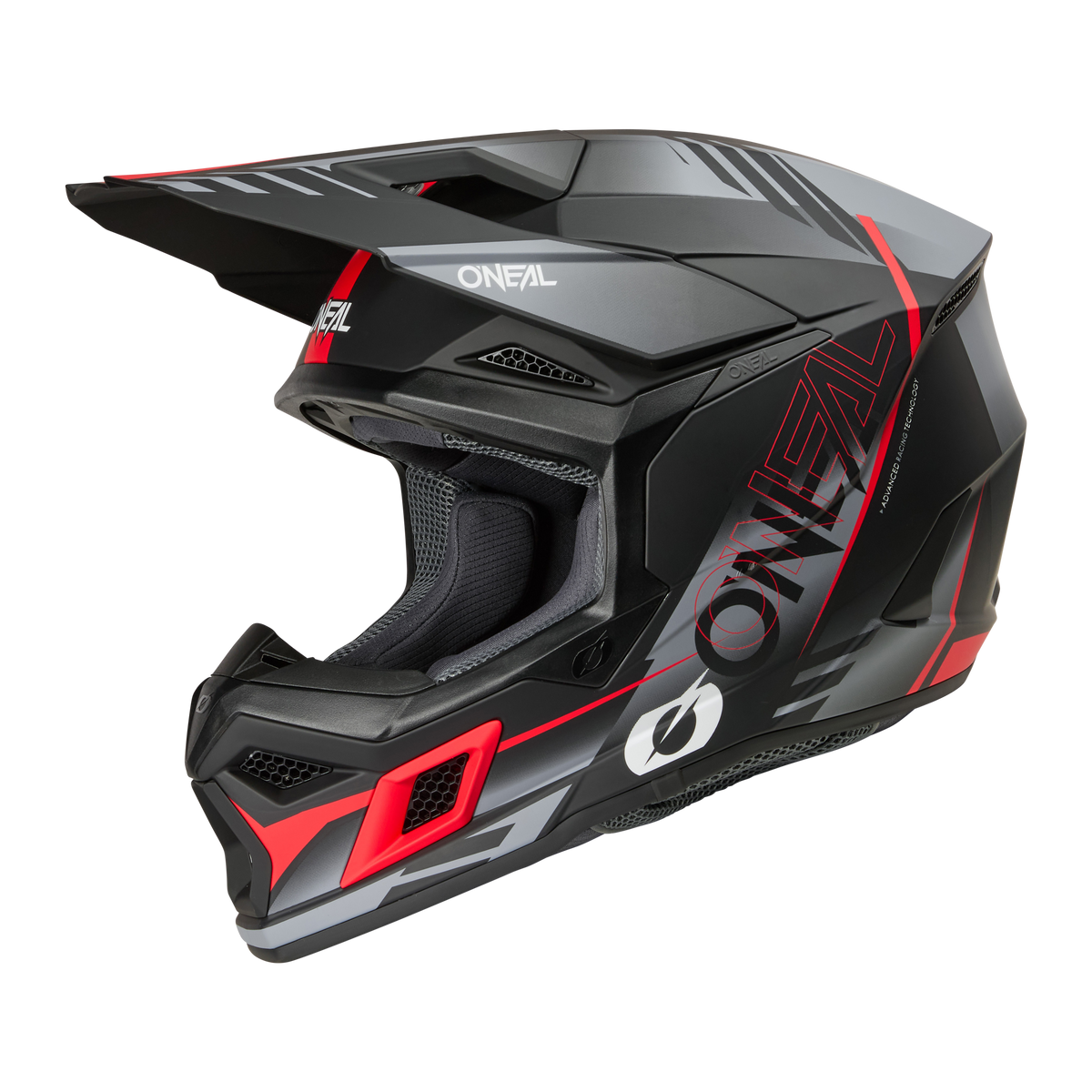 El casco O'NEAL 3SRS HAZE es un casco integral negro mate y rojo con las letras "O'NEAL", visera y aberturas de ventilación angulares para una máxima protección y circulación del aire.