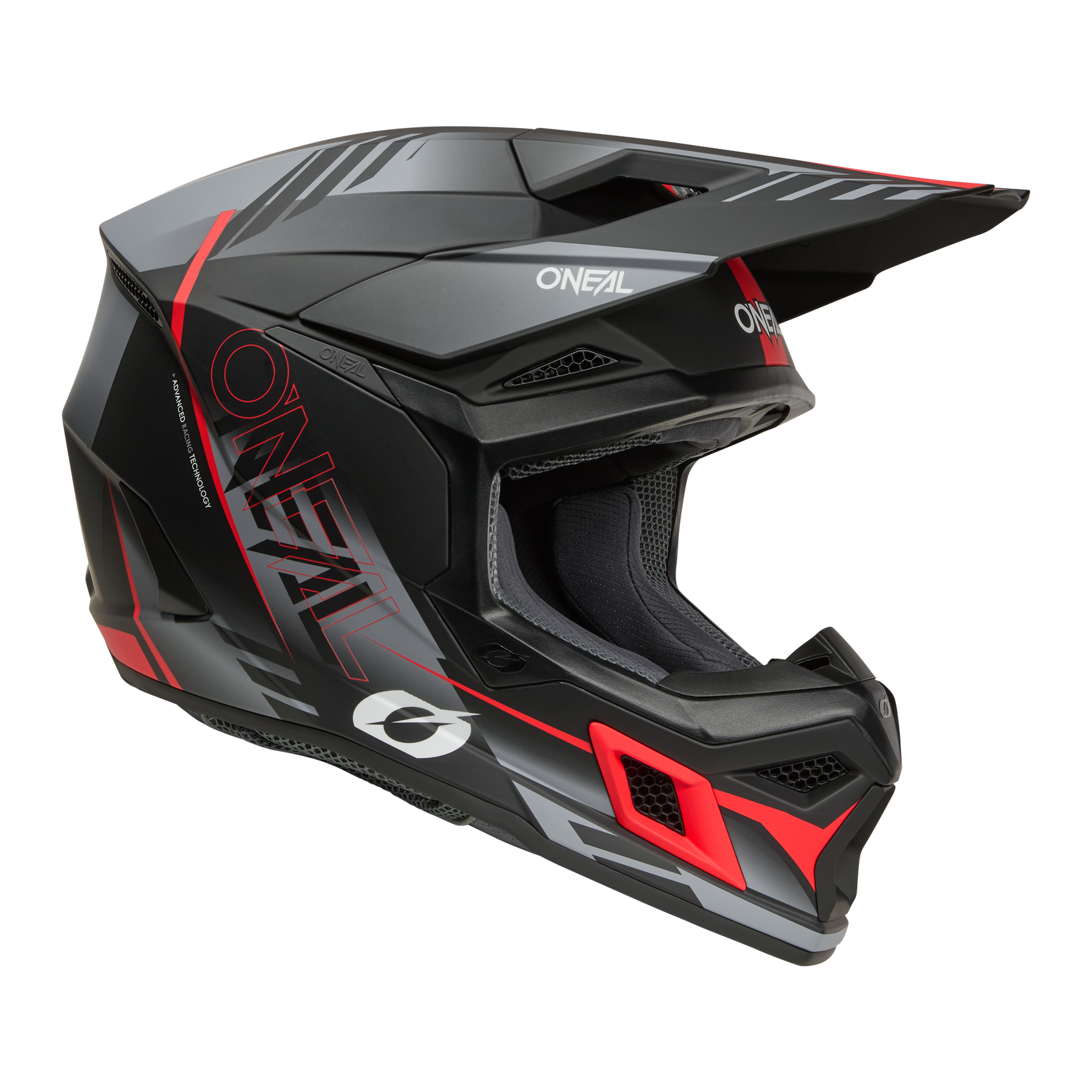 Der O'NEAL 3SRS Helm HAZE ist ein schwarzer, roter und grauer Fullface-Motocross-Helm mit kantigen Mustern, einem Visier, "O'NEAL"-Schriftzug an der Seite und auf der Vorderseite, einem offenen Gesichtsdesign und einem gepolsterten Innenraum für mehr Komfort.