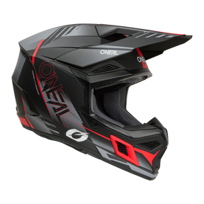 Der O'NEAL 3SRS Helm HAZE ist ein schwarzer, roter und grauer Fullface-Motocross-Helm mit kantigen Mustern, einem Visier, "O'NEAL"-Schriftzug an der Seite und auf der Vorderseite, einem offenen Gesichtsdesign und einem gepolsterten Innenraum für mehr Komfort.