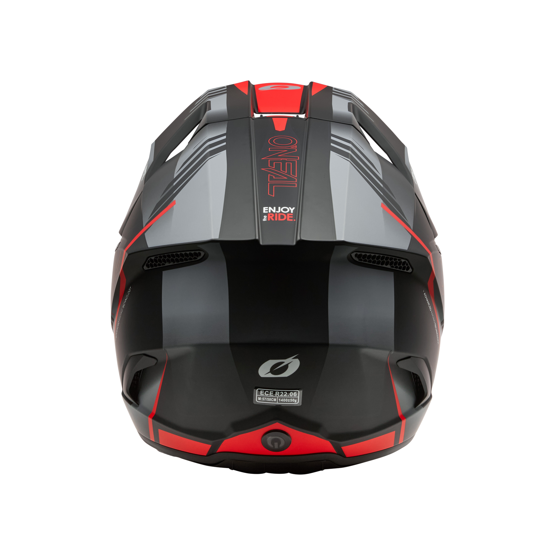 Der O'NEAL 3SRS Helmet HAZE ist ein schwarz-roter Motorradhelm mit den Schriftzügen "O'NEAL" und "ENJOY THE RIDE" auf der Rückseite, mit kantigen Akzenten und einem kleinen Logo im unteren Bereich.