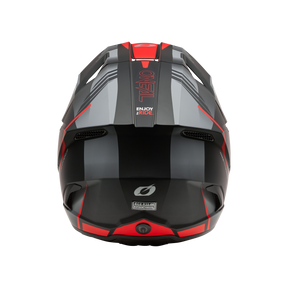 Der O'NEAL 3SRS Helmet HAZE ist ein schwarz-roter Motorradhelm mit den Schriftzügen "O'NEAL" und "ENJOY THE RIDE" auf der Rückseite, mit kantigen Akzenten und einem kleinen Logo im unteren Bereich.