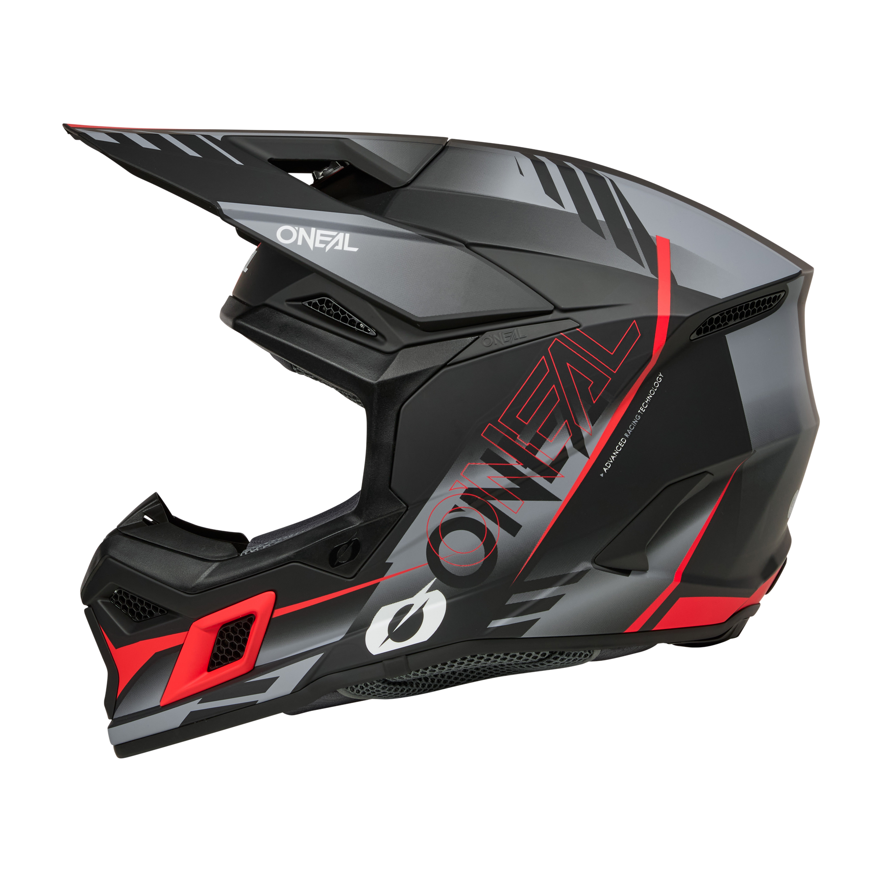 Der O'NEAL 3SRS Helmet HAZE ist ein schwarz-grauer Fullface-Motocross-Helm mit roten Akzenten, einem großen Visier, Belüftungsöffnungen und einem markanten O'NEAL-Branding an der Seite.