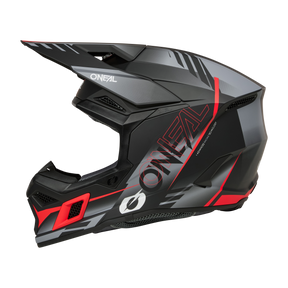 Der O'NEAL 3SRS Helmet HAZE ist ein schwarz-grauer Fullface-Motocross-Helm mit roten Akzenten, einem großen Visier, Belüftungsöffnungen und einem markanten O'NEAL-Branding an der Seite.