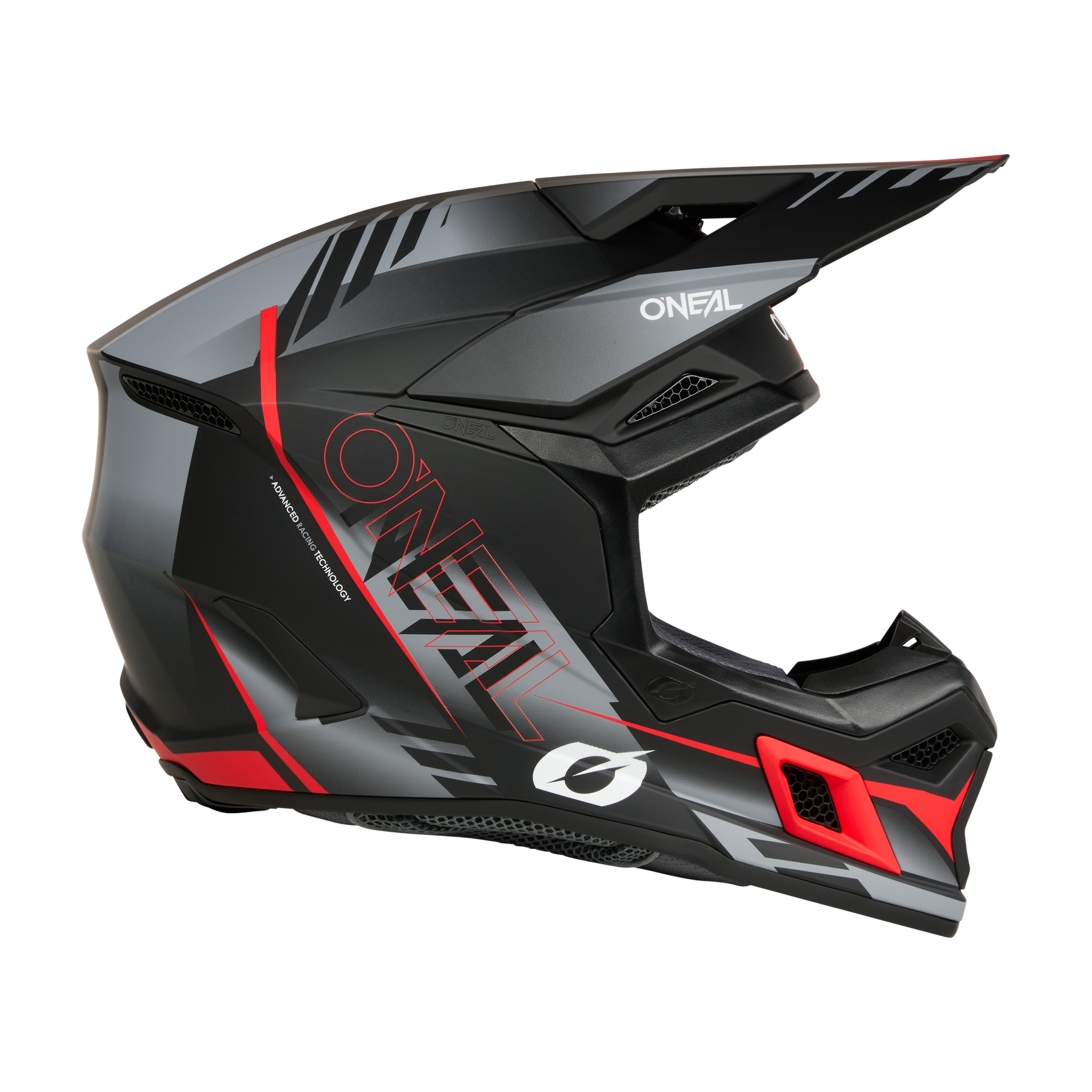 Der O'NEAL 3SRS Helmet HAZE ist ein schwarz-roter Fullface-Motocross-Helm mit kantigen Belüftungsöffnungen, einem großen Visier und auffälligen seitlichen Grafiken, die auf einem transparenten Hintergrund dargestellt sind.