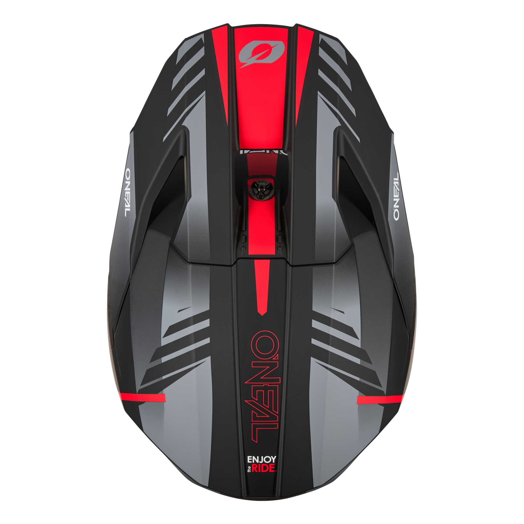 Draufsicht auf den O'NEAL 3SRS Helmet HAZE - ein eleganter, moderner Helm in Schwarz und Rot mit auffälligen Grafiken, die den O'NEAL-Markennamen und "ENJOY RIDE" auf der Helmschale tragen.