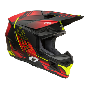 Der O'NEAL 3SRS Helmet HAZE ist ein Fullface-Motocross-Helm in Schwarz, Rot und Gelb mit "O'NEAL"-Branding, Visier und Belüftungsöffnungen.