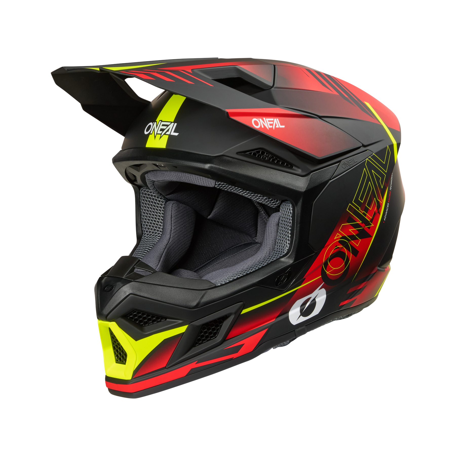 Der O'NEAL 3SRS Helm HAZE in schwarz/rot/neongelb verfügt über auffällige Grafiken, ein kantiges Design mit Visier, Belüftungsöffnungen und eine gepolsterte Innenseite für Schutz und Komfort.