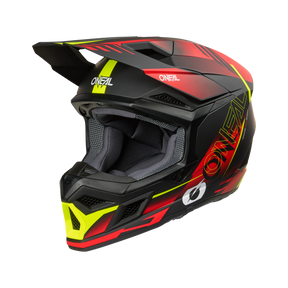 Der O'NEAL 3SRS Helm HAZE in schwarz/rot/neongelb verfügt über auffällige Grafiken, ein kantiges Design mit Visier, Belüftungsöffnungen und eine gepolsterte Innenseite für Schutz und Komfort.