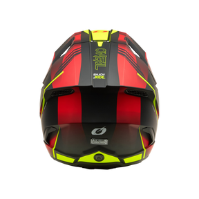 Die Rückansicht des O'NEAL 3SRS Helmet HAZE zeigt sein rotes, schwarzes und gelbes, mattes Design mit Belüftungsöffnungen, dem Text "ENJOY THE RIDE" und einem Zertifizierungsaufkleber.