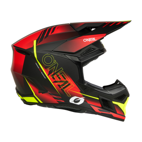 Der O'NEAL 3SRS Helmet HAZE ist ein Fullface-Motocross-Helm mit schwarzer, roter und neongelber, kantiger Grafik und einem markanten Visier für verbesserten Kopfschutz.
